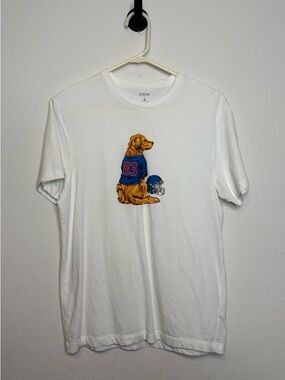 J. Crew White T-Shirt with Golden Dog Wearing Blue Jersey